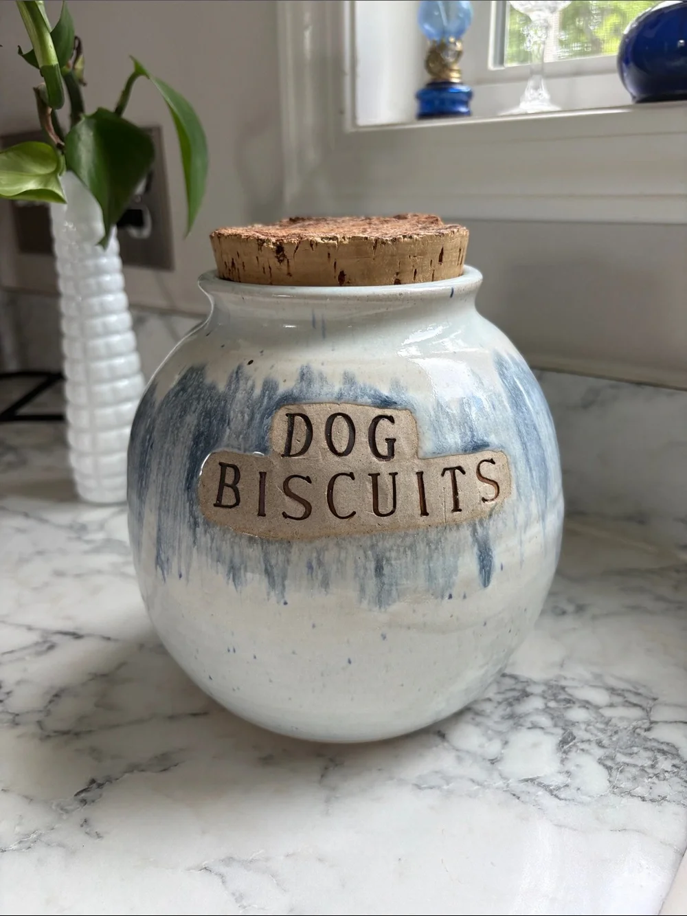 Vintage NC Pottery 'Dog Biscuits' Biscuit Jar with Cork Lid - Blue & Cream 1997